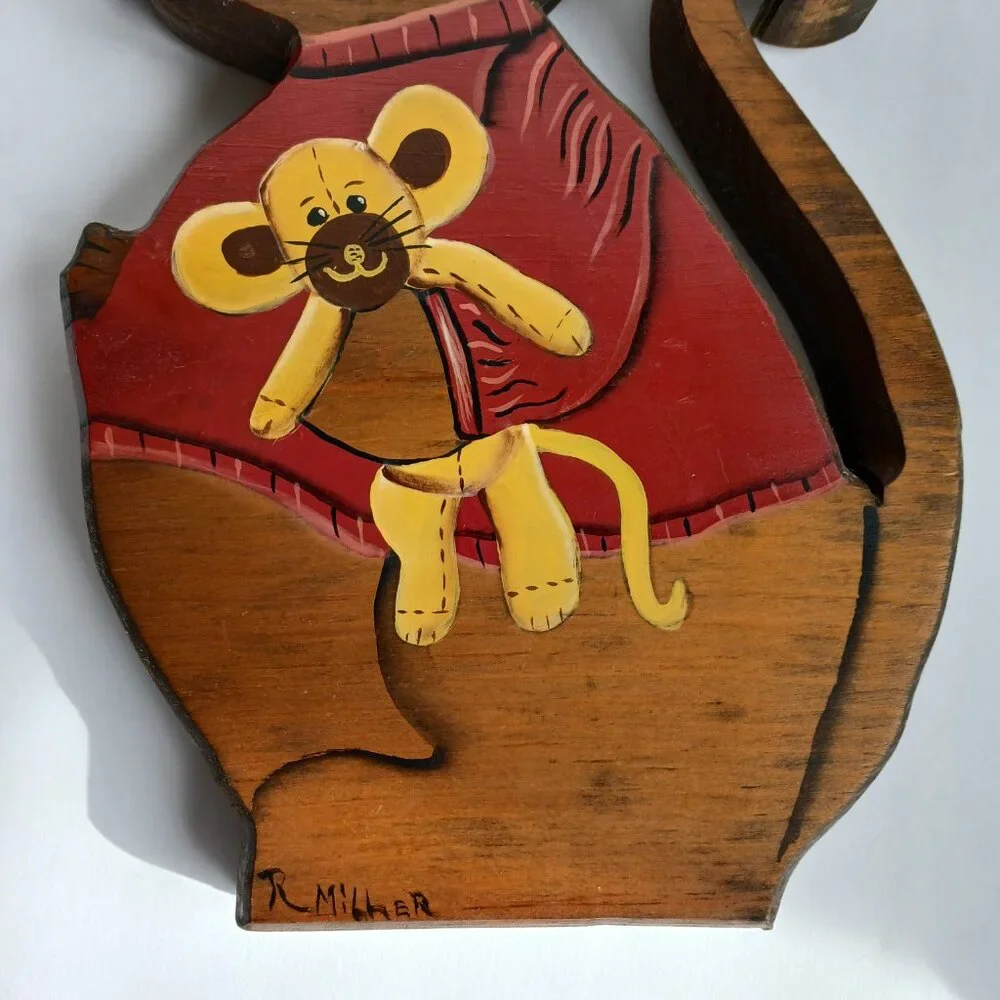 2 Vintage handmade wood mice wall hangings 11.25
